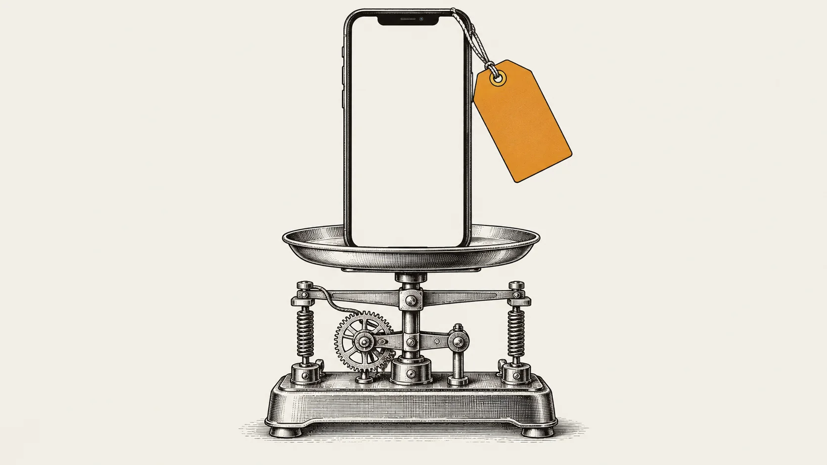 Pennteckning: en telefon står upprätt på en mekanisk våg med synligt urverk. En tom prislapp i amber hänger i ett snöre från telefonens hörn.