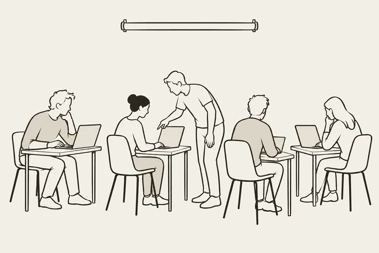 Illustration: fyra personer sitter var för sig vid sina egna laptops medan en femte går emellan och lutar sig in för att peka på en skärm. Ovanför dem hänger en projektorduk hoprullad och oanvänd.