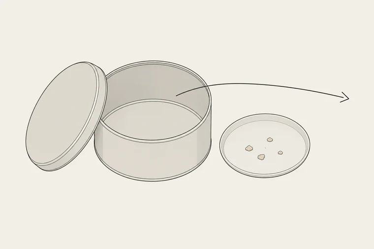 Illustration: en rund kakburk står öppen och helt tom, med locket lutat mot sidan. Intill står en liten tallrik med några smulor på, och en tunn pil lämnar burkens öppning och går ut ur bilden.