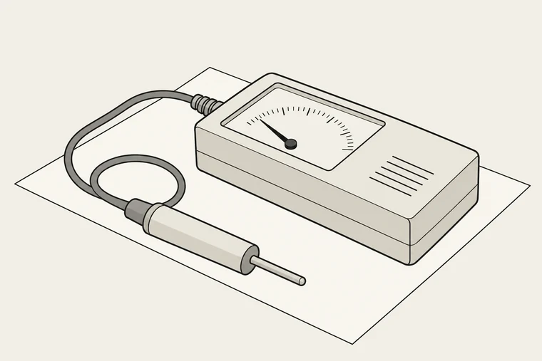 Illustration: ett handhållet mätinstrument ligger på ett papper. Visaren vilar närmare vänstra änden av skalan, och en kort givare ligger bredvid på sin sladd.