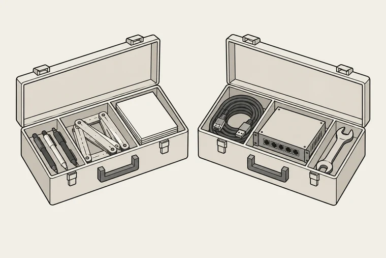 Illustration: två öppna verktygslådor vända mot varandra. Den ena innehåller pennor, en tumstock och vikta papper; den andra kablar, en liten nätverksenhet och en skiftnyckel.