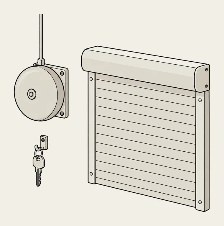Illustration: en larmklocka sitter på en vägg med kabeln ut ur bilden, bredvid en nedfälld jalusi, och under klockan hänger en ensam nyckel på en krok.