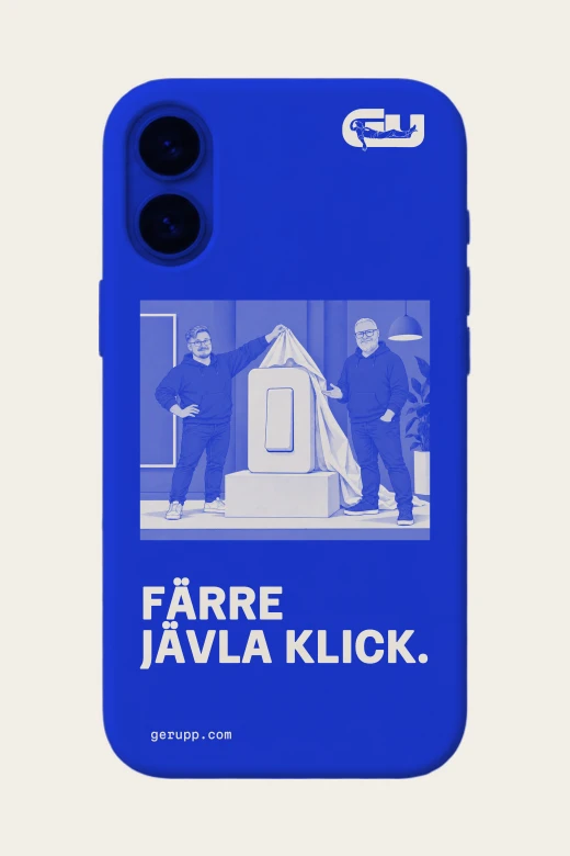 Mobilskal på blåkopia underlag med GerUpp-märke och text. Digital produktförhandsvisning.