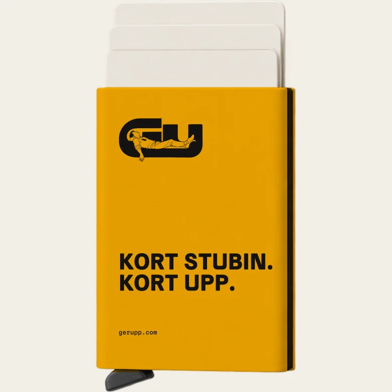 Pop-up-plånbok på signalgul underlag med GerUpp-märke och text. Digital produktförhandsvisning.