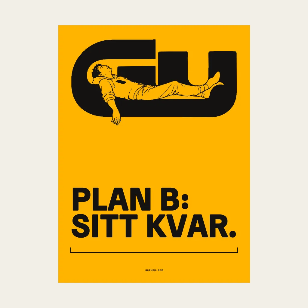 Affisch, trycket, platt på signalgul underlag med GerUpp-märket. Digital produktförhandsvisning.