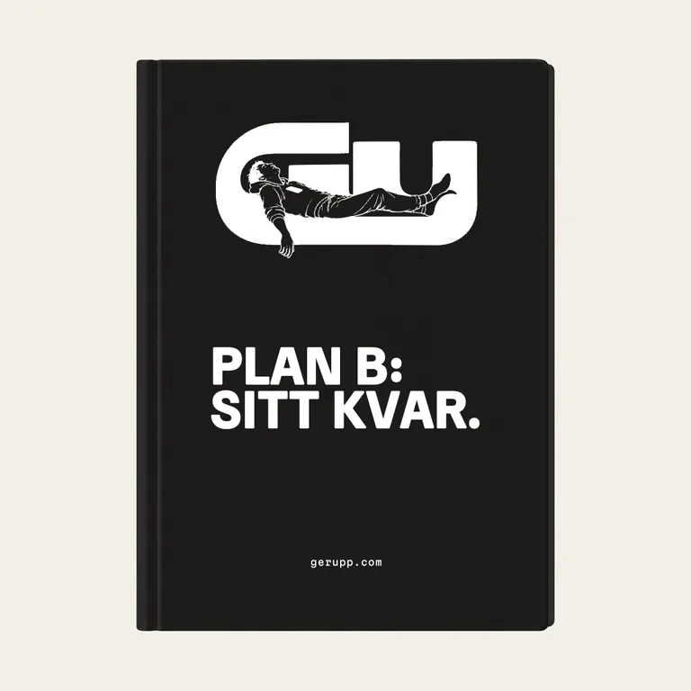 Anteckningsbok, artikeln på markörsvart underlag med GerUpp-märket. Digital produktförhandsvisning.