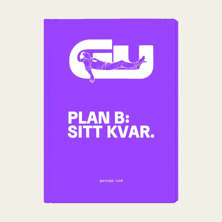 Anteckningsbok, artikeln på lila underlag med GerUpp-märket. Digital produktförhandsvisning.