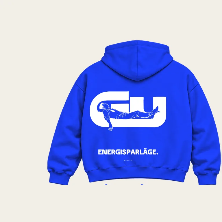 Hoodie, baksida på blåkopia underlag med GerUpp-märket. Digital produktförhandsvisning.