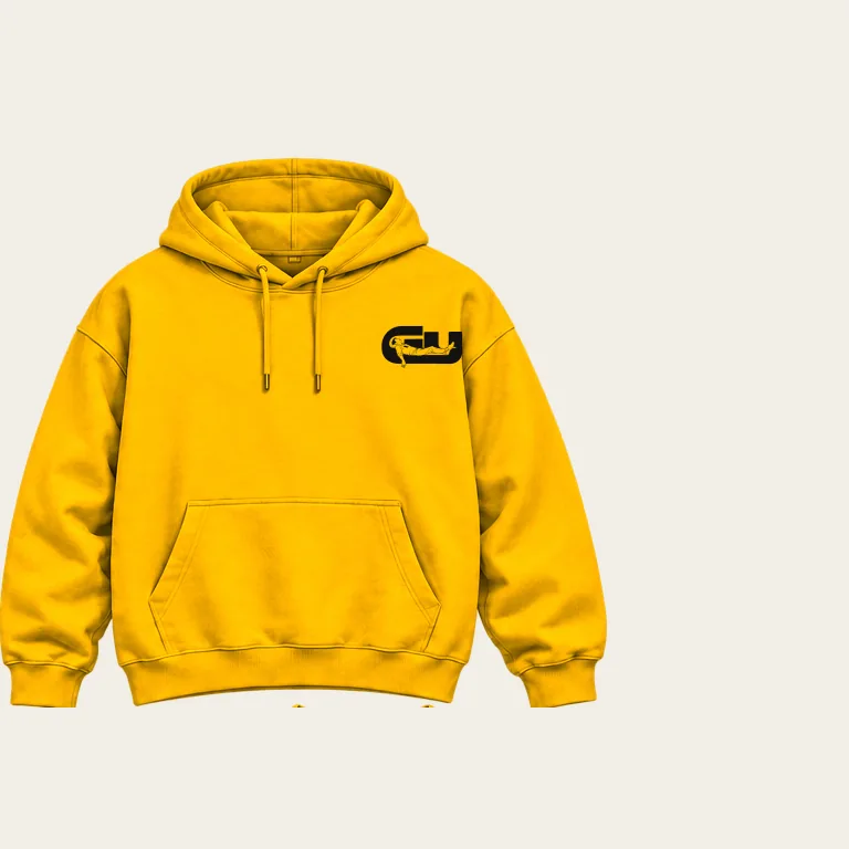 Hoodie, framsida på signalgul underlag med GerUpp-märket. Digital produktförhandsvisning.