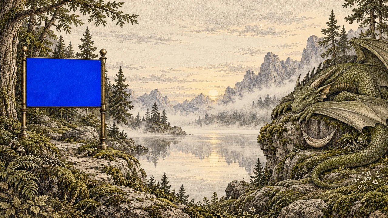 Illustrerad skogsglänta med en sovande drake, mossiga klippor och en stilla sjö.