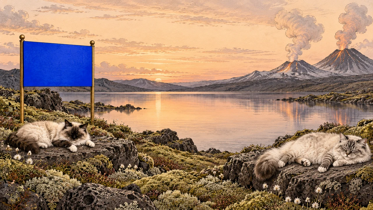 Illustrerad vulkansjö med rökande berg och två katter på strandens stenbänkar.