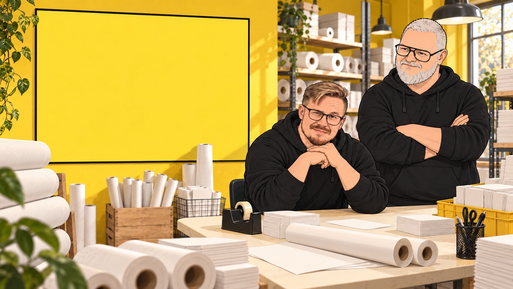 Fredrik och Lenny vid arbetsbordet i en illustrerad gul verkstad med bakgrundsrullar och kvitton.